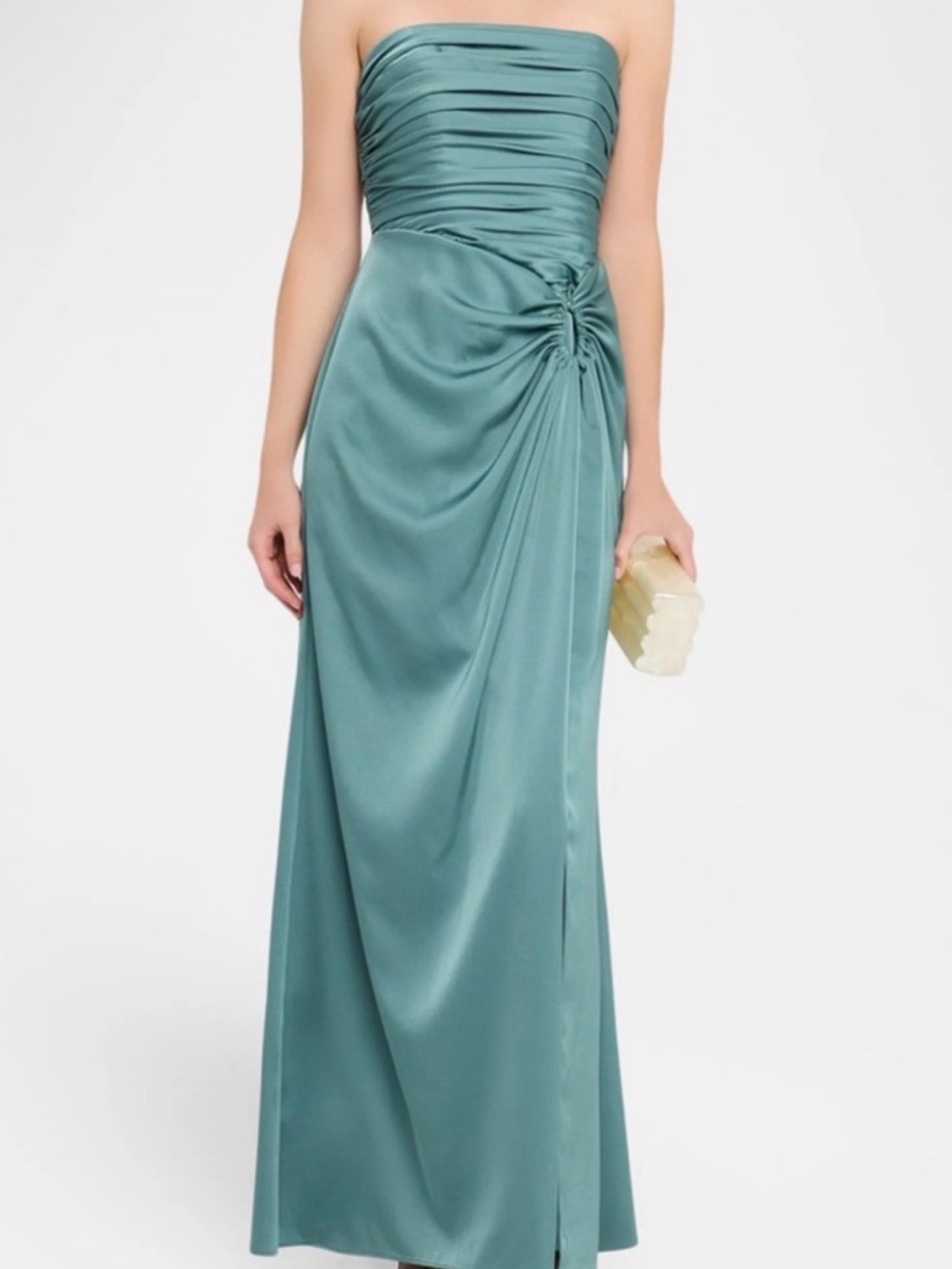 Aidan Mattox Strapless Ruched Satin Gown in Teal Green